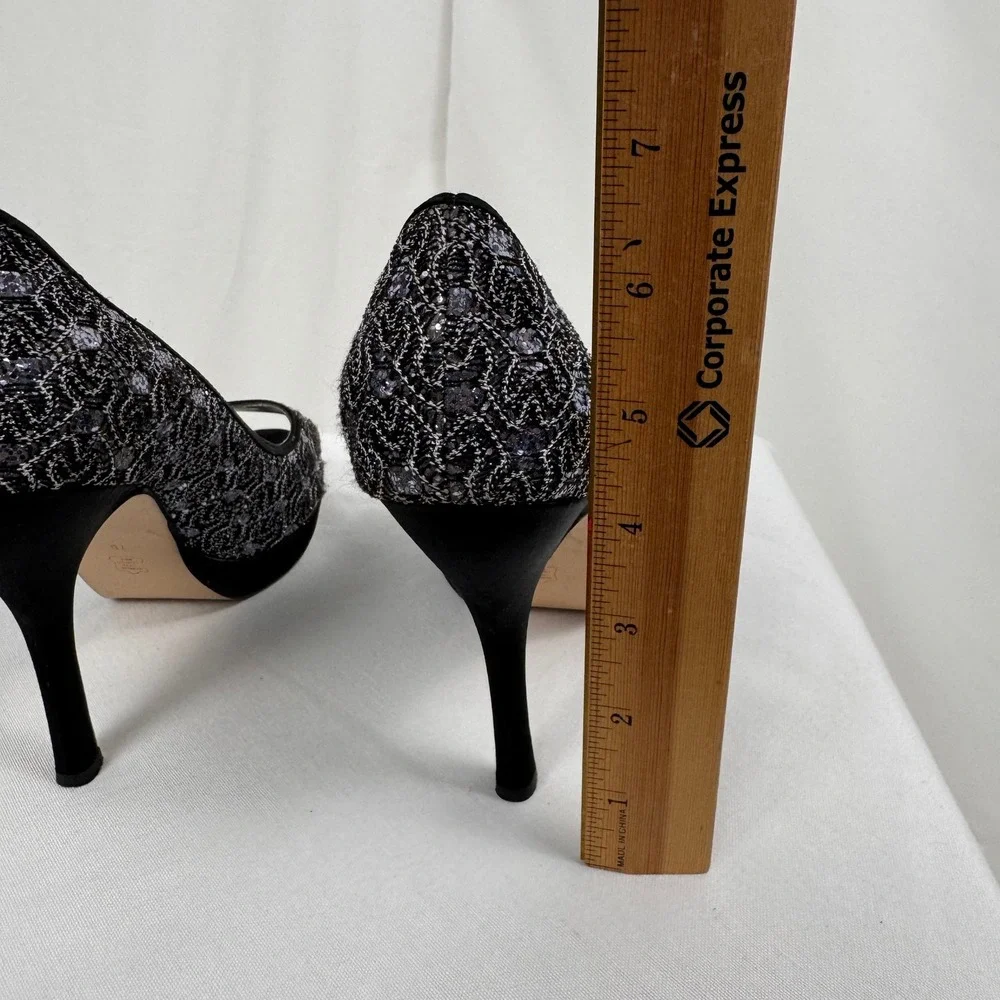Caparros Peep Toe Heels Women 7B Black Silver Lace Sequin Sparkle Leather Sole